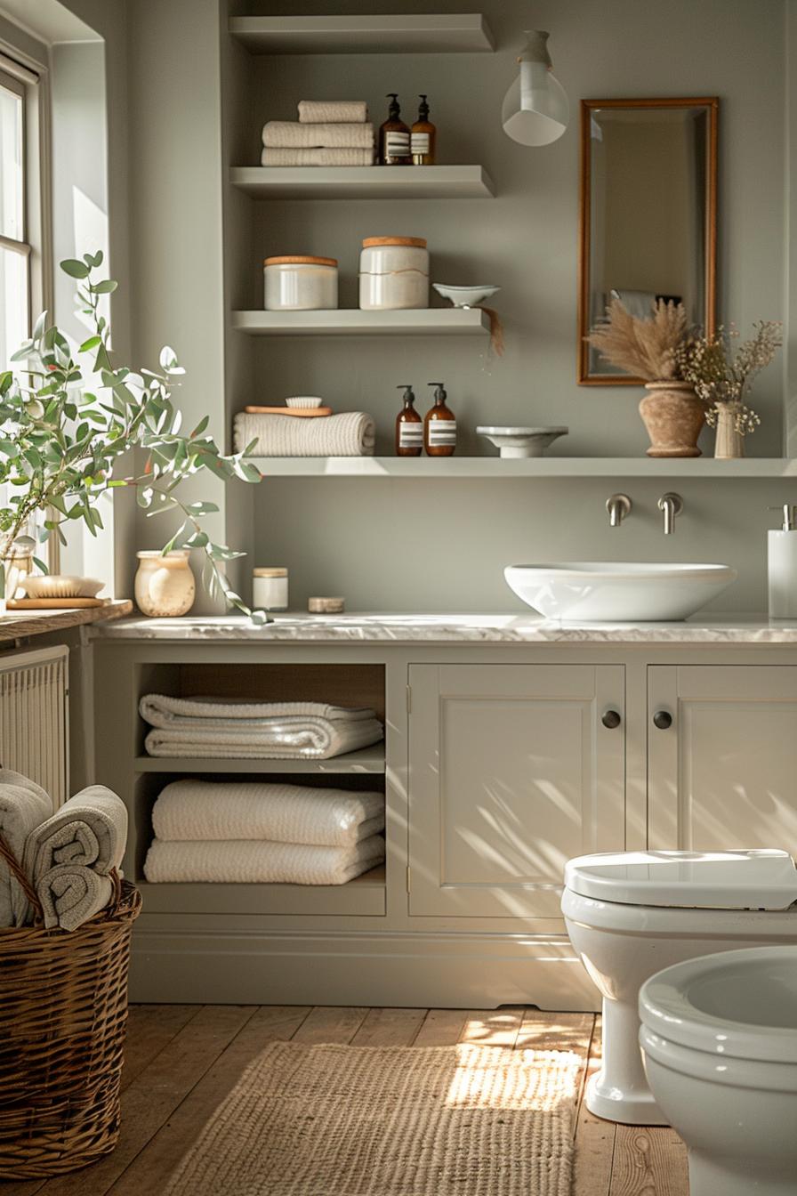 15 Genius & beautiful bathroom shelf ideas you have to see 16 7. Fabric-up bathroom shelves 0