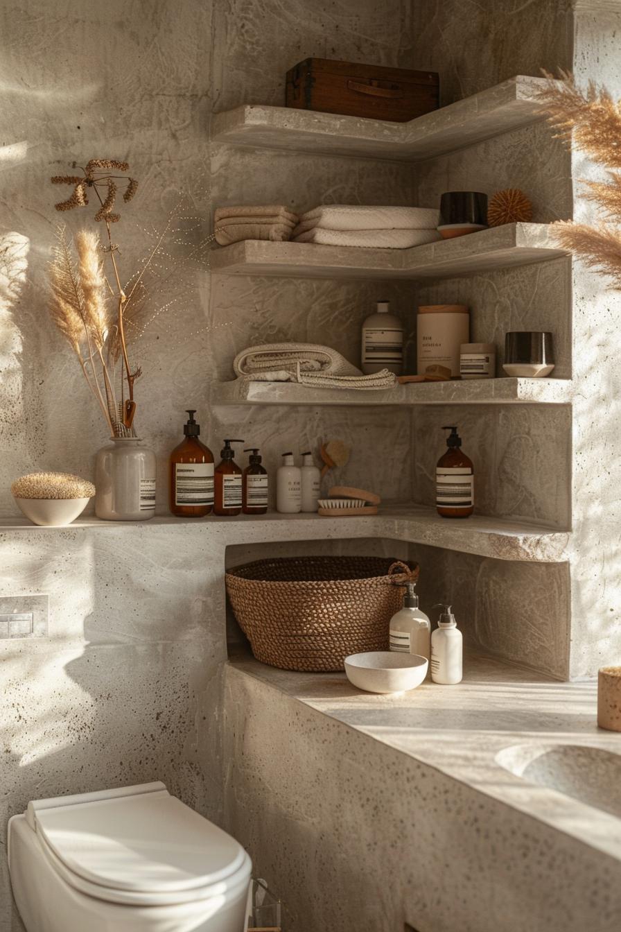 15 Genius & beautiful bathroom shelf ideas you have to see 17 7. Fabric-up bathroom shelves-1