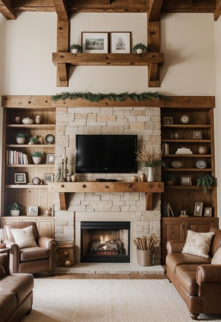 21 Elegant integrated shelves for the living room 4 2. Stone fireplace shelf design-0