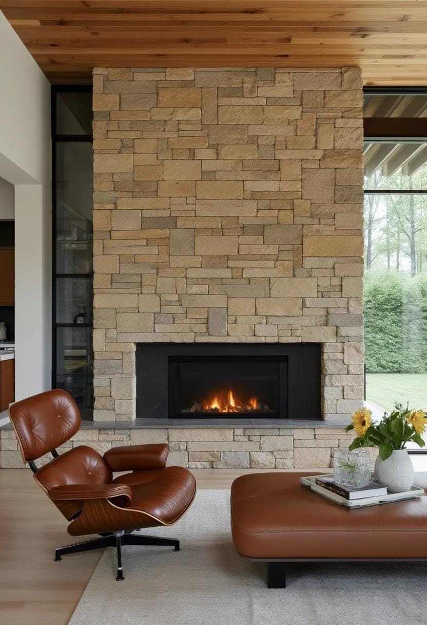 20 breathtaking middle of the century of modern fireplace-Makeover ideas 3 1. Dressed stone from floor to the ceiling fireplace with modernist leather lounge chair-0