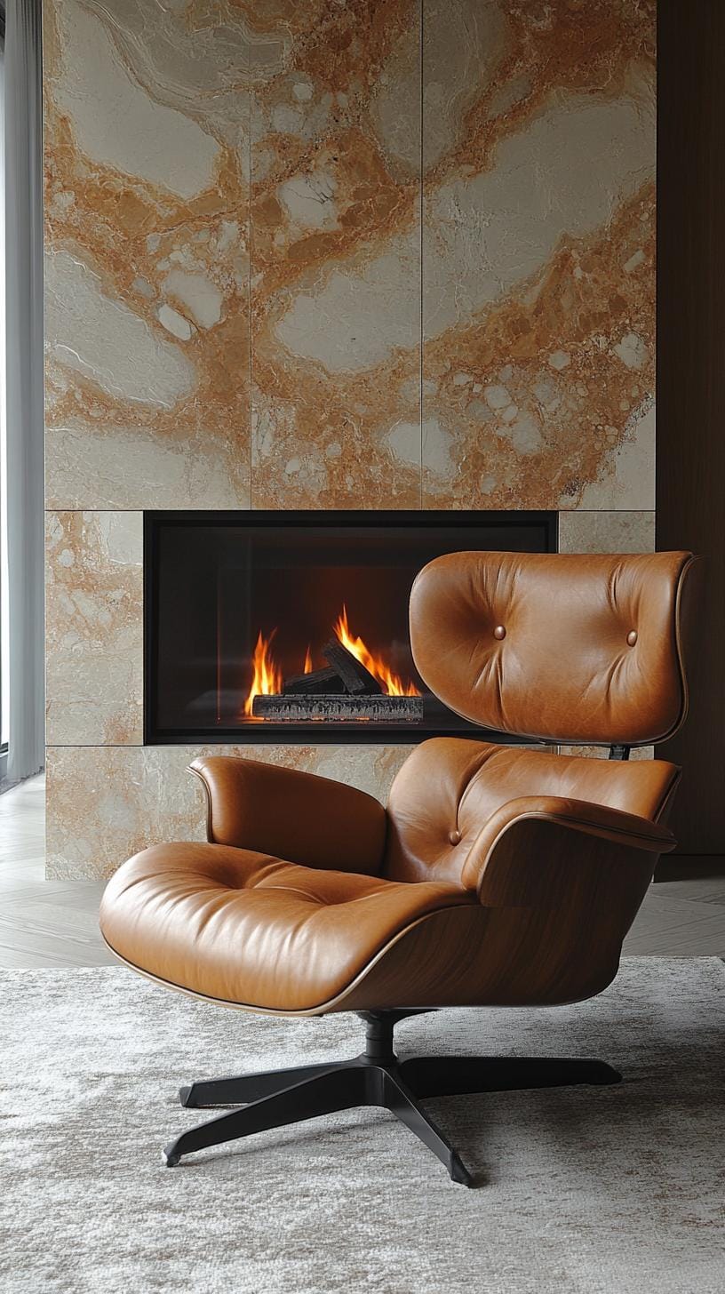 20 breathtaking mid-century modern fireplace-makeover ideas 4 1. Dressed stone with floor to the ceiling fireplace with modernist leather lounge chair-1