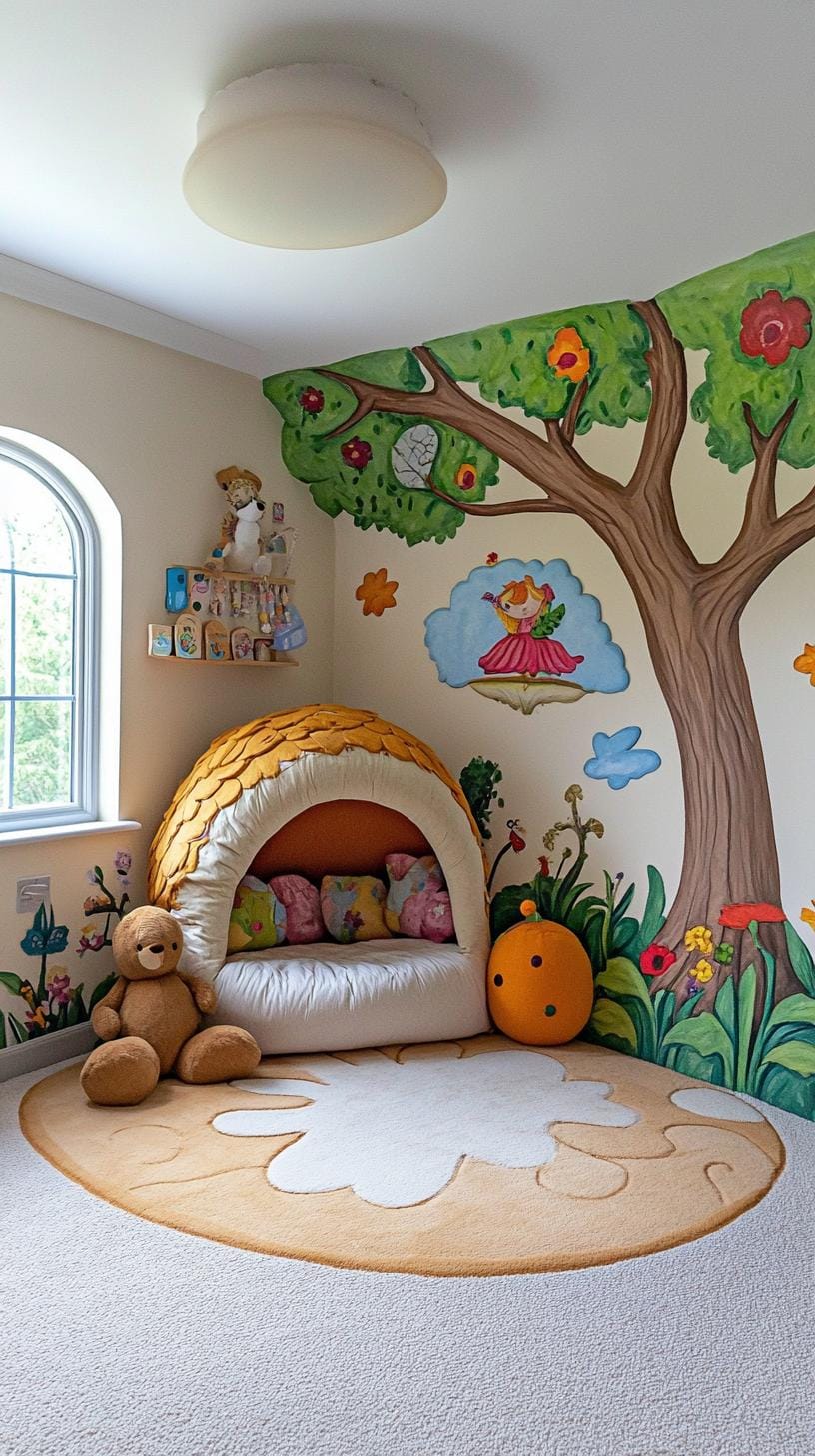21 Enchanted Forest Nurily Ideas for a magical mood 44 16. Storybook enclave with illustrated murals and soft plush-1