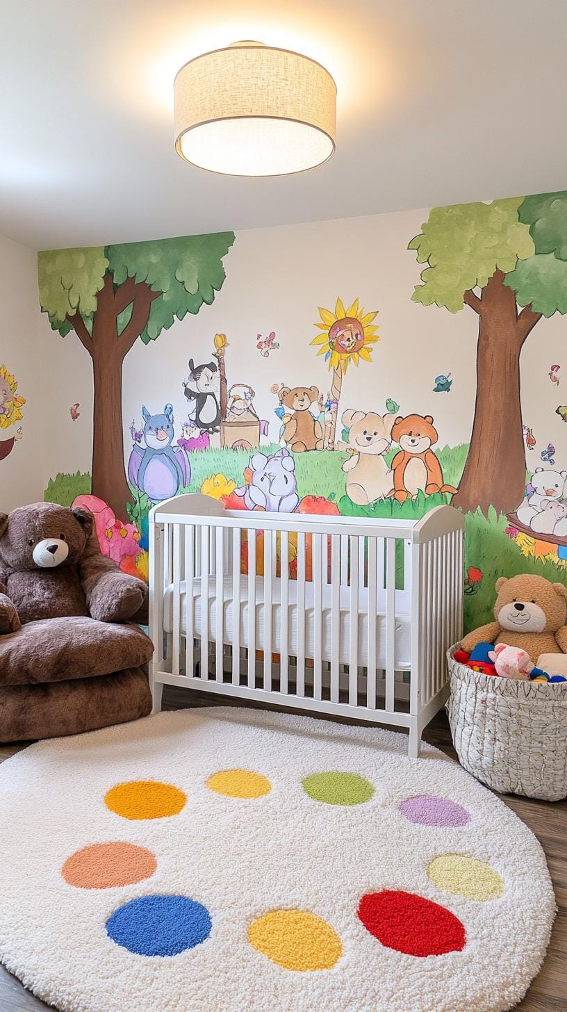 21 Enchanted Forest Nurily Ideas for a magical mood 45 16. Storybook Enclave with illustrated murals and soft plush-2