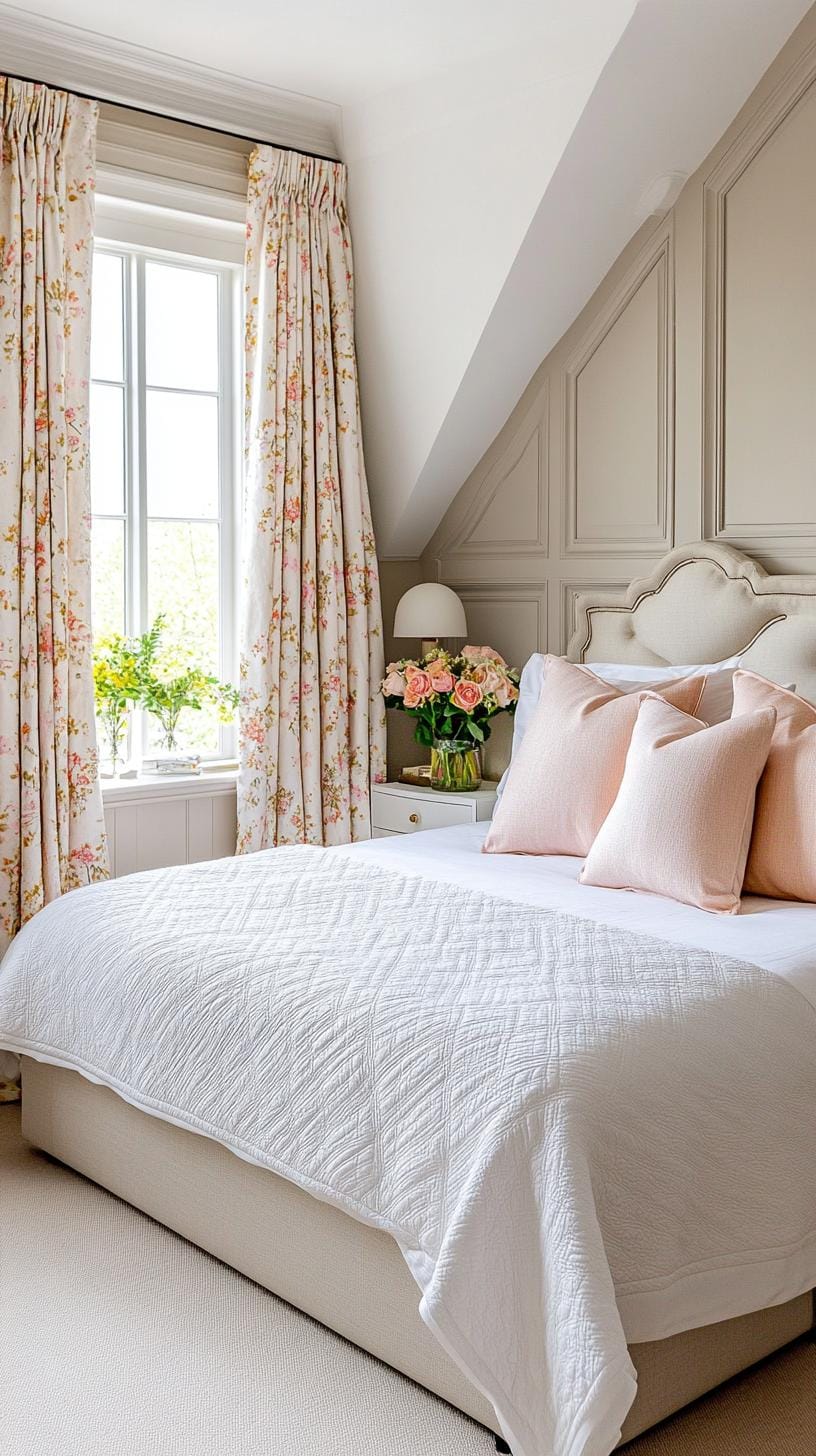 21 sweet attic bedroom ideas that you will love 57 18. Style a chambre inspired by Parisian with a quatrefoil bed, elegant curtains and soft pastel-colored-0
