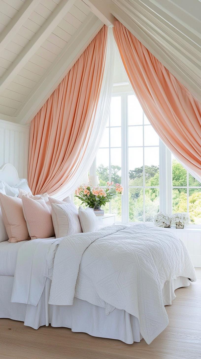 21 sweet attic bedroom ideas that you will love 58 18. Style a chambre inspired by Parisian with a quatrefoil bed, elegant curtains and soft pastel colors-1