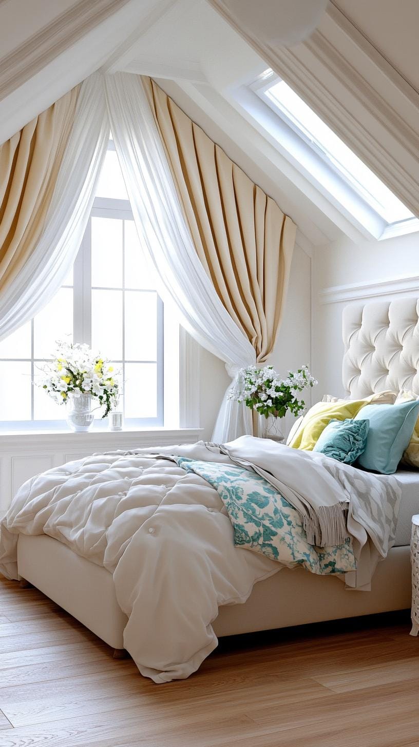 21 sweet attic bedroom ideas that you will love 59 18. Style a chambre inspired by Parisian with a quatrefoil bed, elegant curtains and soft pastel-colored-2