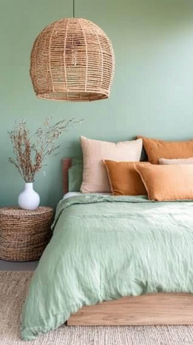 25 Trendy Sage Green Schlafzimmer Ideen für 2025 67 20. Subtile erdige Töne in Kombination mit Salbeigrün für einen warmen, Erdungsraum-3
