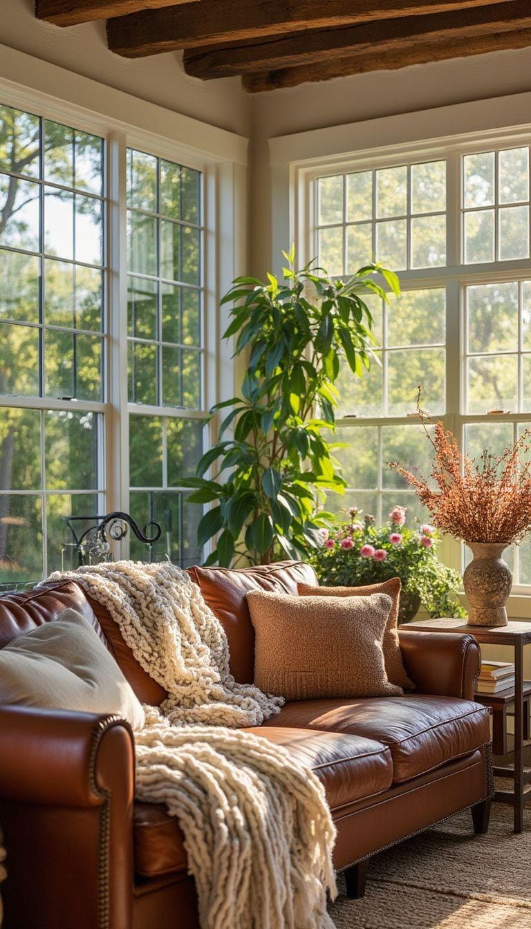 23 einzigartige Boho Farmhouse Wohnzimmer Ideen zum Kopieren 31 10. Sonnenkummel Heiligtum: Spielen Sie mit Sonnenlicht durch große Fenster und verwenden Sie Pflanzen und Blumen, ergänzt durch ein rustikales Ledersofa und klobige Strickwürfe-0