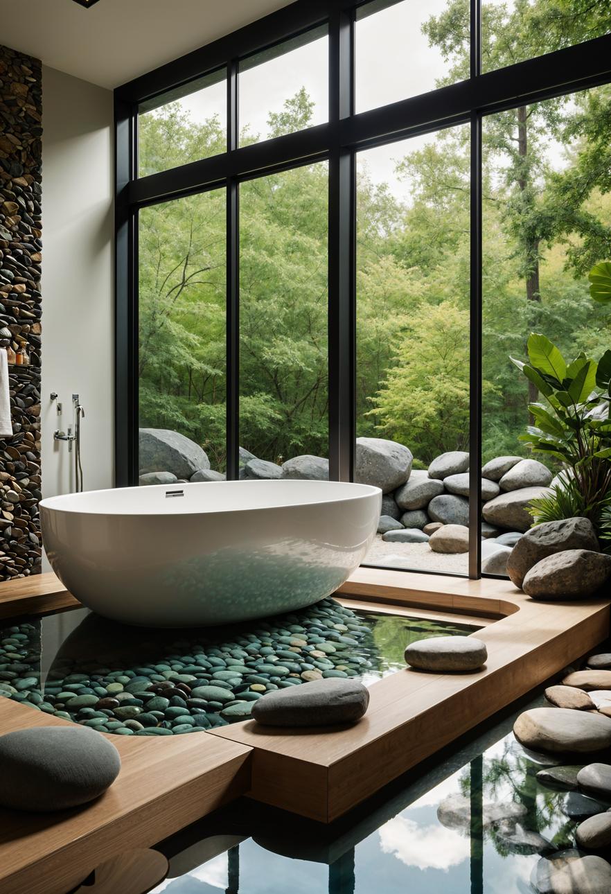 15 chic mid century modern bathroom ideas for timeless elegance 13 4. Sunken bathtub with river rock 1