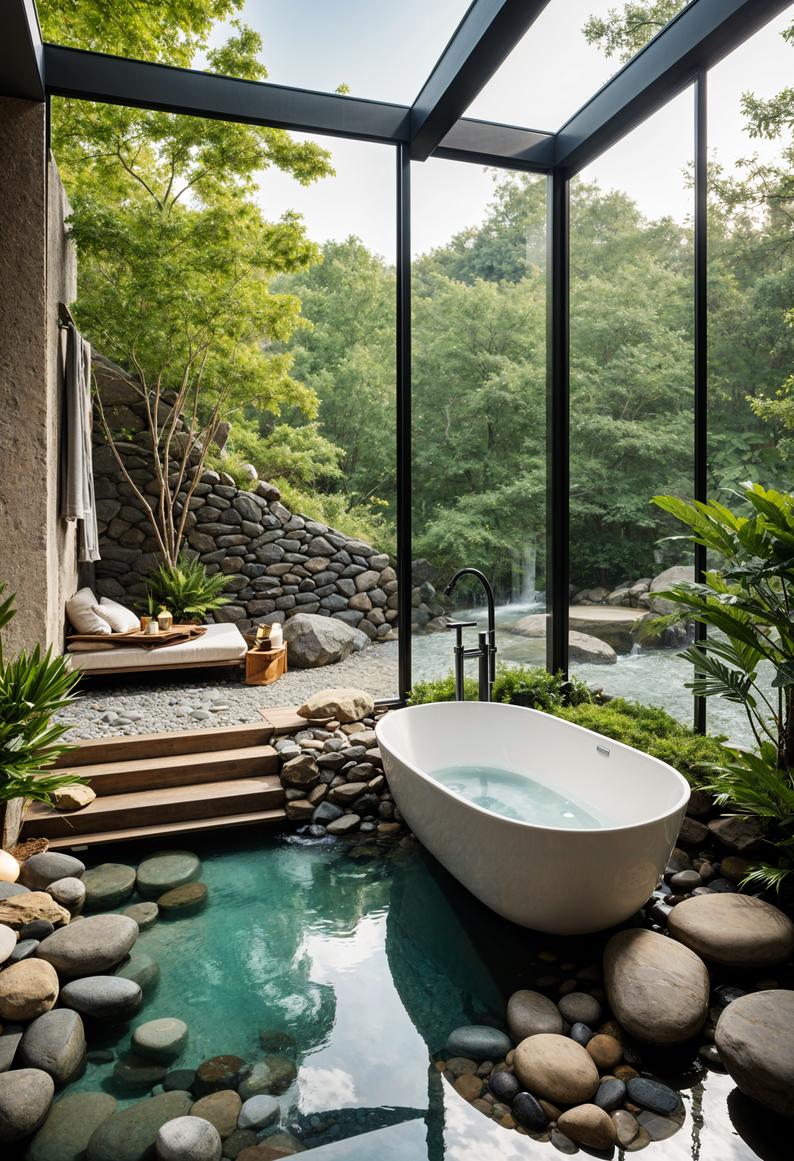 15 chic mid century modern bathroom ideas for timeless elegance 14 4. Sunken bathtub with river Rocks-2