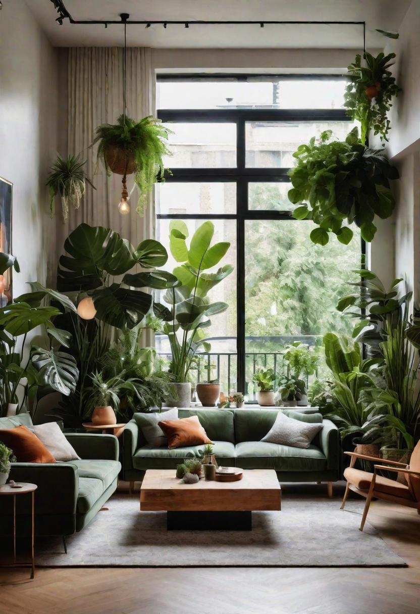 43 Modern Living Room Inspirations: Chic, Spacious, and Vibrant 26 24. Sustainable Urban Jungle Living Room-0