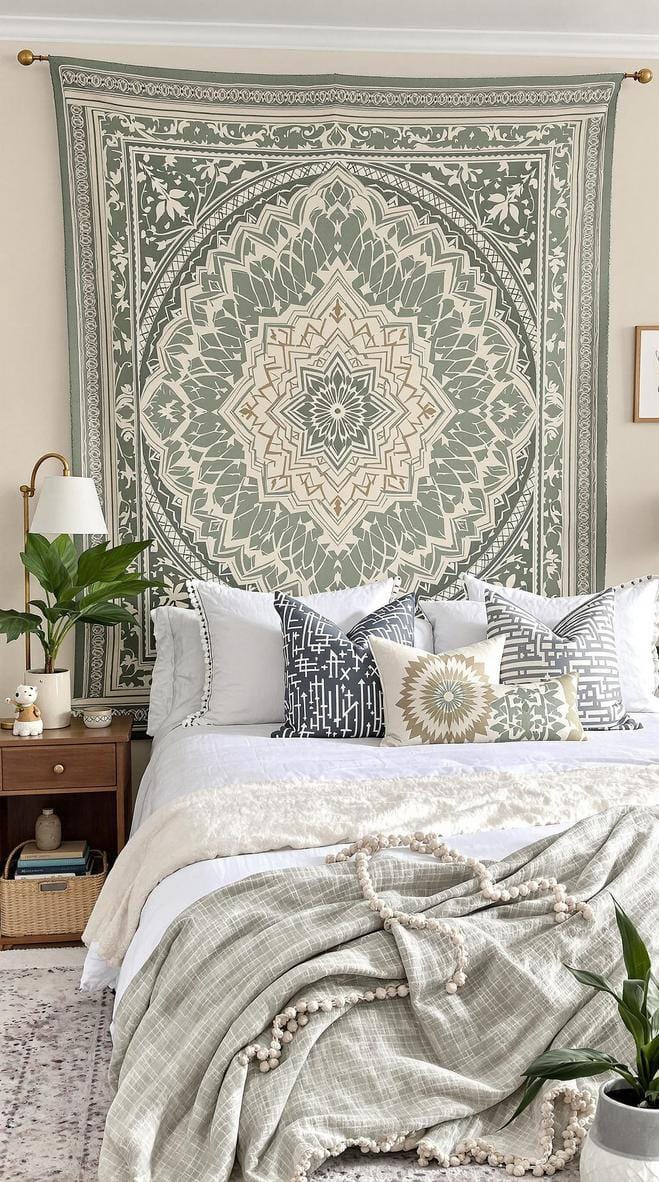 25 einzigartige Salbei grüne Boho Schlafzimmer Ideen für 2025 15 5. Tapissery Headboard: Entscheiden Sie sich für einen Salbei und einen Elfenbeindapitein