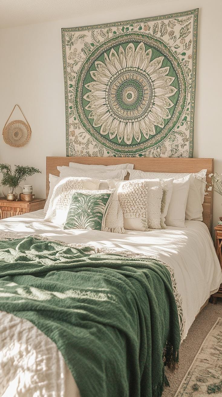 25 einzigartige Salbei grüne Boho Schlafzimmer Ideen für 2025 16 5. Tapissery Headboard: Entscheiden Sie sich für einen Salbei und einen Elfenbeindapitry, um als auffälliges Kopfteil zu dienen.