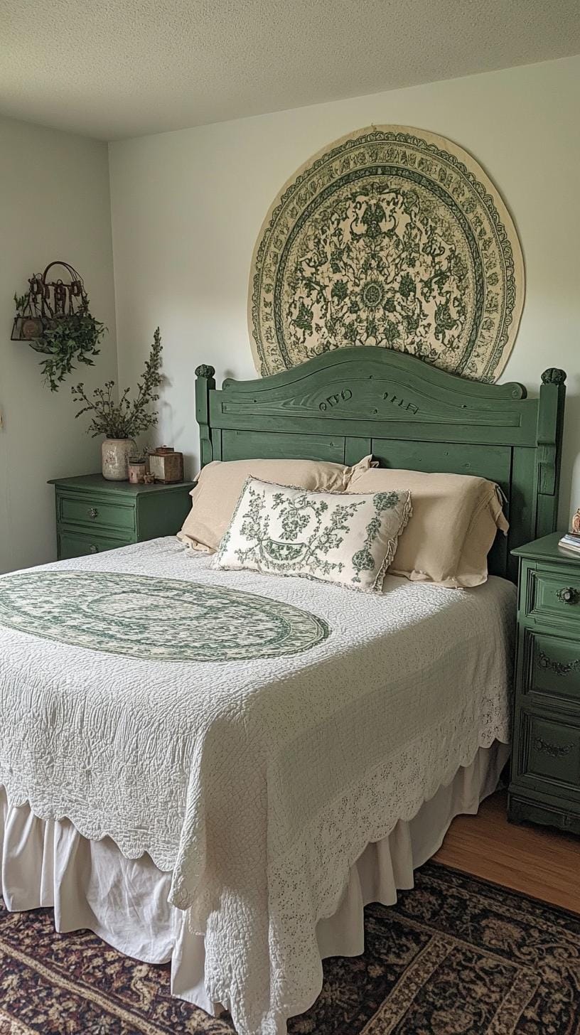 25 einzigartige Salbei grüne Boho Schlafzimmer Ideen für 2025 17 5. Tapissery Headboard: Entscheiden Sie sich für einen Salbei und einen Elfenbeindapitein