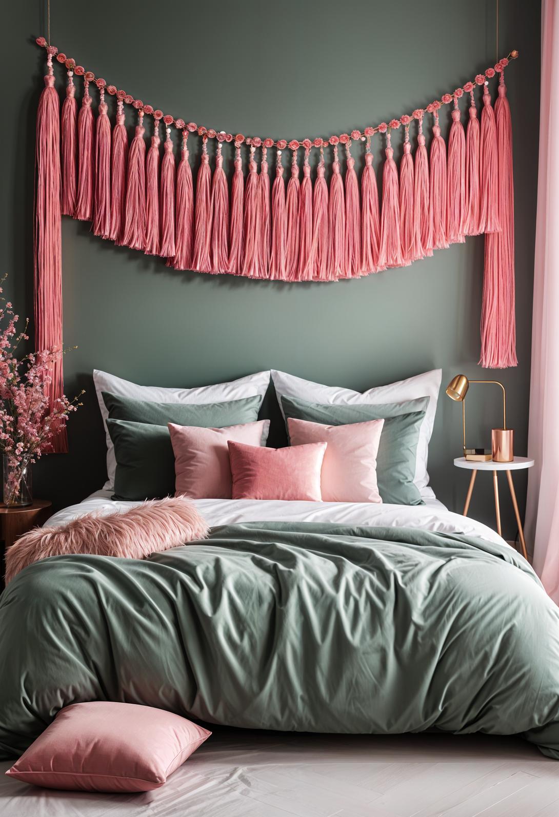 31 Chic Sage Green and Pink Bedroom Inspirations 29 19. Tassel Garland Bedroom Decor-0