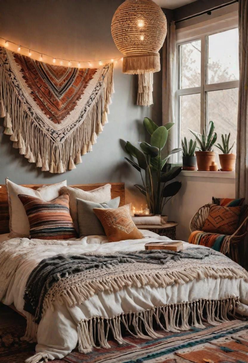 20 beautiful Boho bedroom for teenagers: ideas for 2025 27 9. Tassel and fray details: accent ledge, pillow and curtains with fringed and tusher stails for additional texture-0