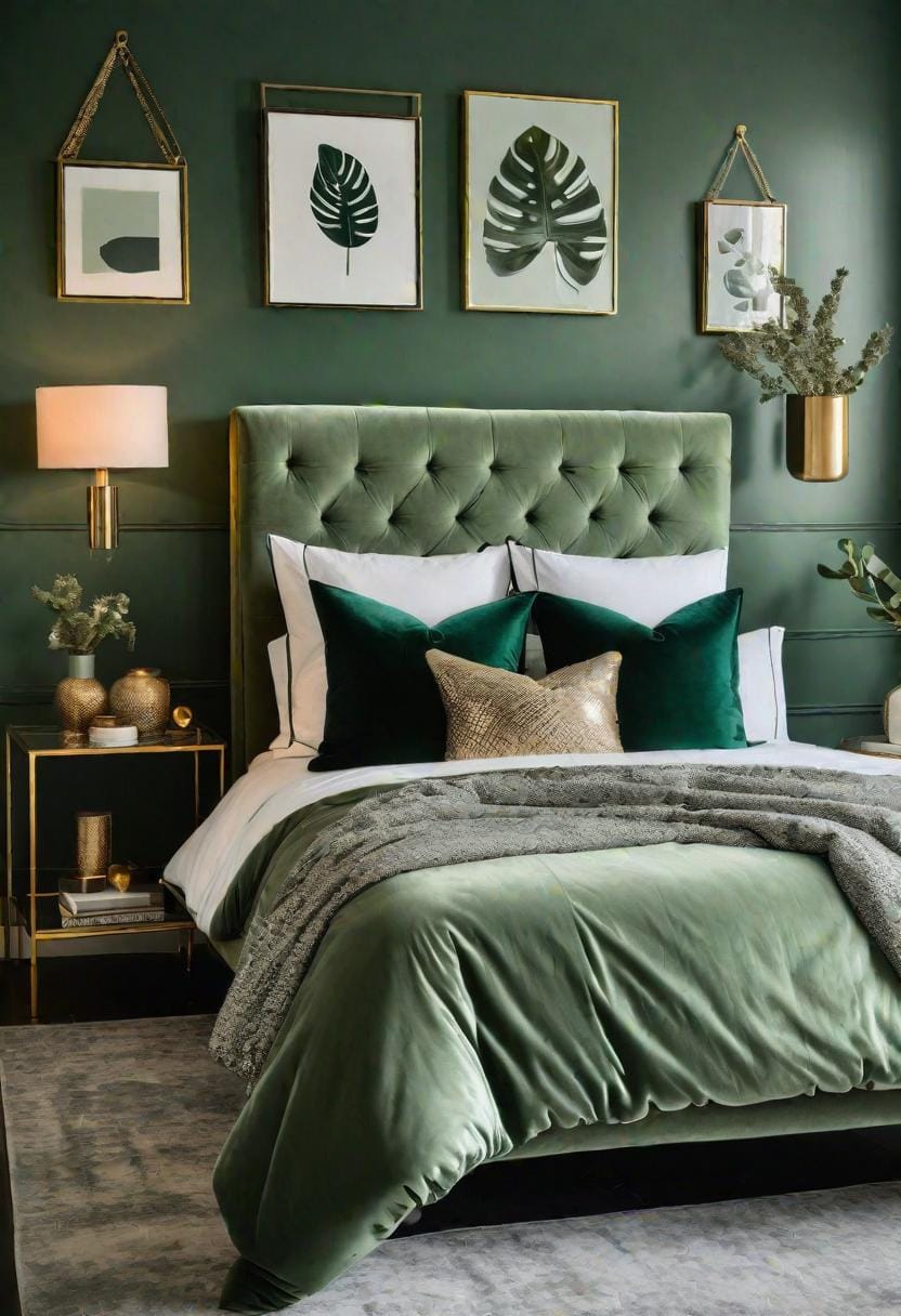 25 Trendy Sage Green Schlafzimmer Ideen für 2025 75 23. Geschmackvoll eklektisches Design unter Verwendung des grün-grün-Kontrasts gegen Metallics-0