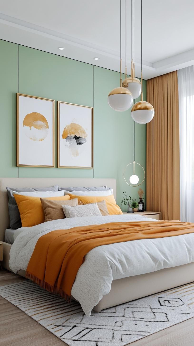 25 Trendy Sage Green Schlafzimmer Ideen für 2025 76 23. Geschmackvoll eklektisches Design unter Verwendung des grün-grün-Kontrasts gegen Metallics-1