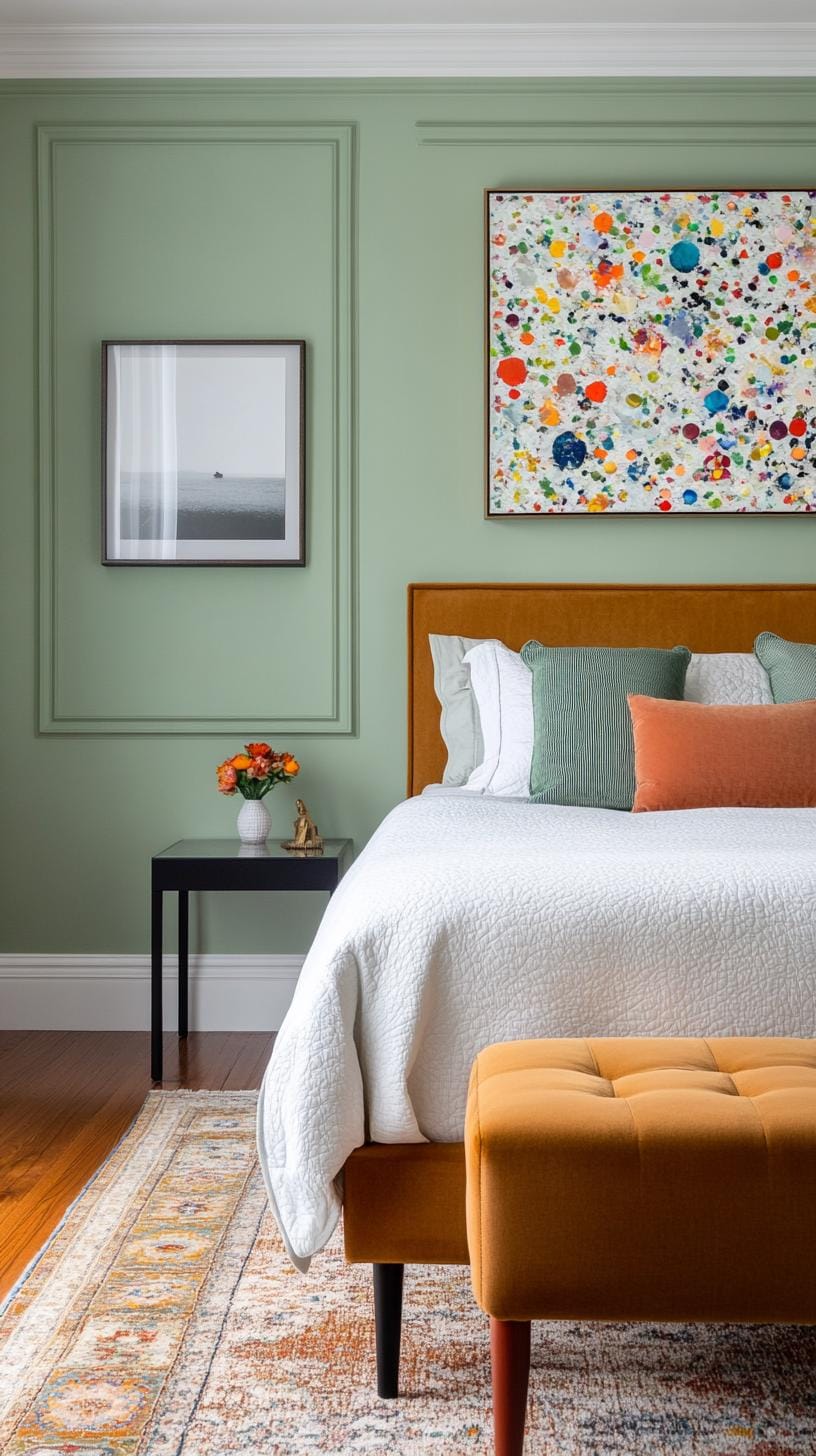 25 Trendy Sage Green Schlafzimmer Ideen für 2025 78 23. Geschmackvoll eklektisches Design unter Verwendung des grün-grün-Kontrasts gegen Metallics-3