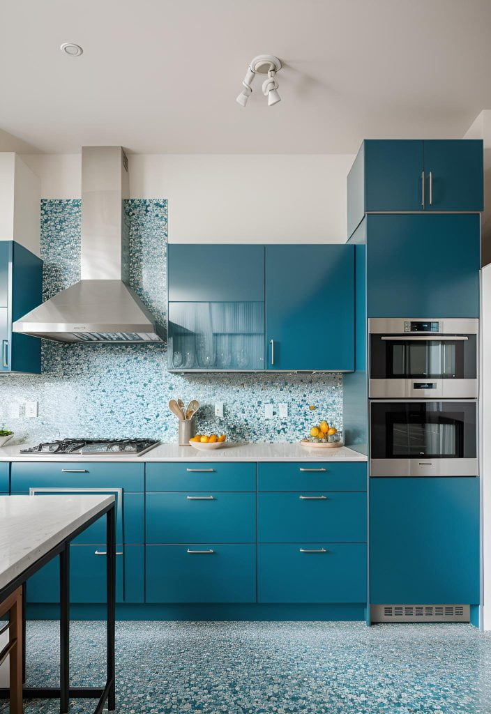 39 Trendy Blue Kitchen Cabinet Ideas: with Cool, Sophisticated Vibes 24 17. Teal Blue & Terrazzo Styling-0