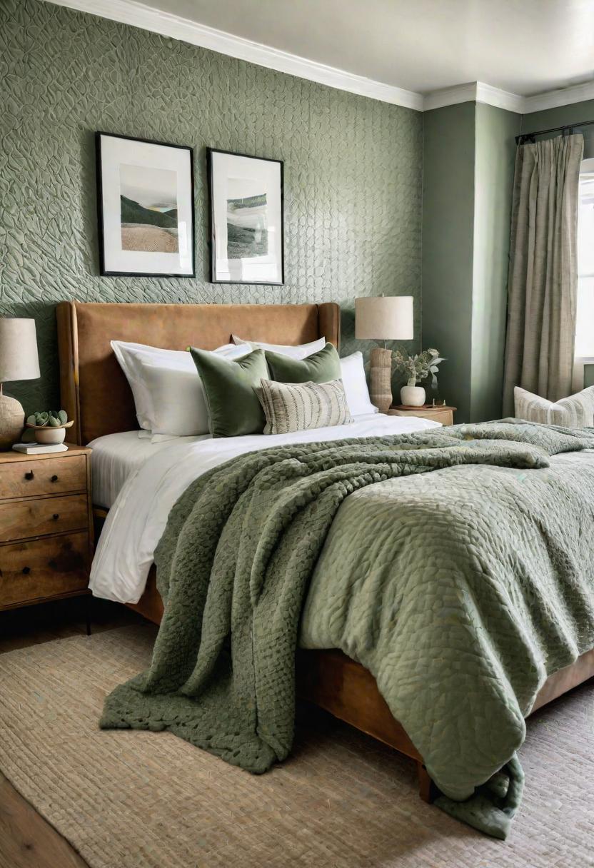39 Sage Green Farmhouse Bedroom Ideas: Trendy Rustic Chic 31 19. Textured Sage Green Bedroom Decor-0