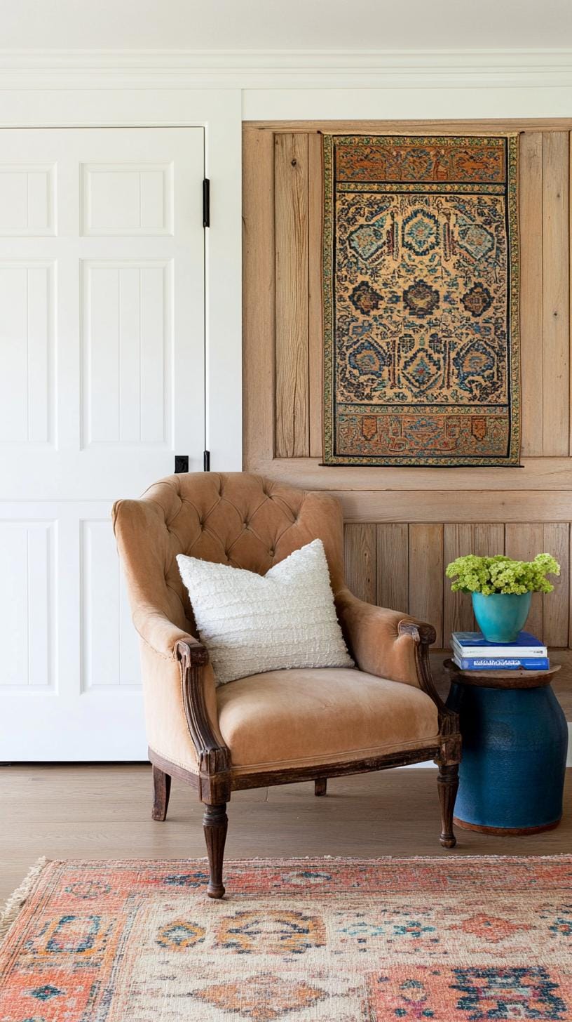 23 einzigartige Boho Farmhouse Wohnzimmer Ideen zum Kopieren 56 18. Textured Teppestry: Verwenden Sie verschiedene materielle Texturen, wie abgebrochene Möbel mit samtigen Softeinrichtungen und tief strukturierter Keramik-0