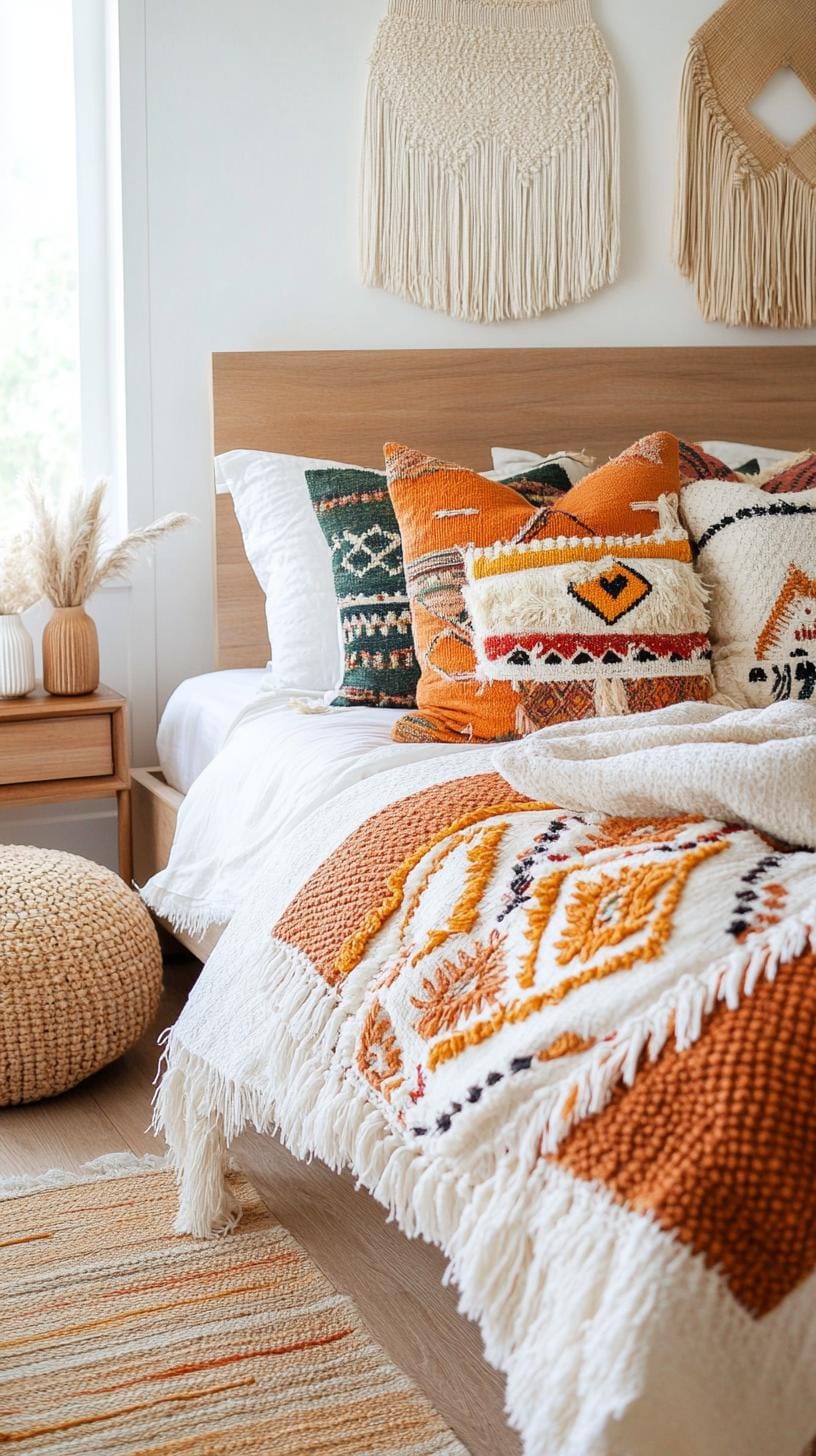 23 Modern Boho bedroom ideas that you will love immediately 40 13. Structured throws and pillows on the beds 0 pillows