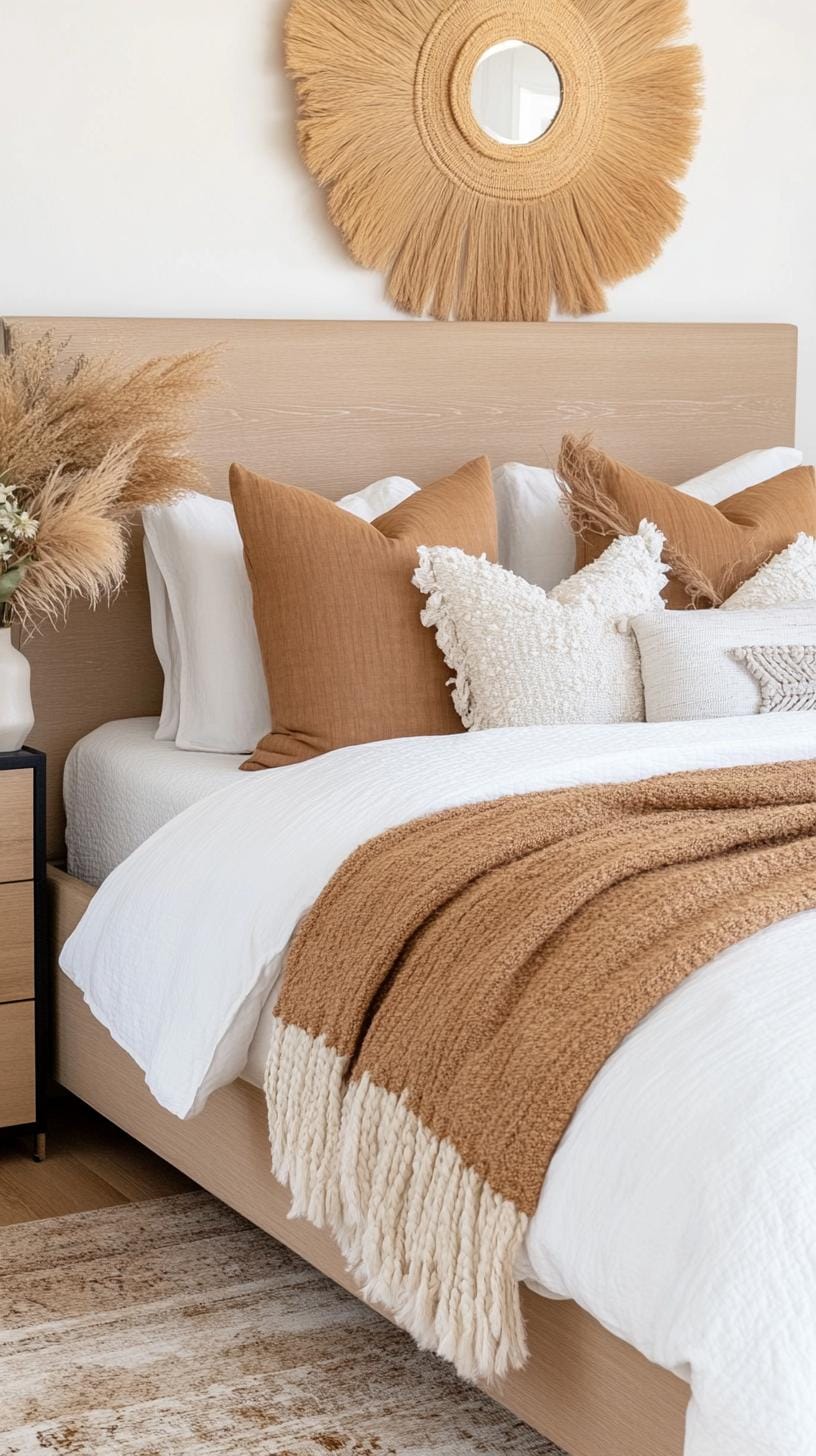23 Modern Boho bedroom ideas that you will love immediately 41 13. Structured throws and pillows on beds-1