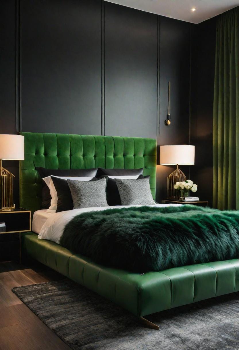 20 elegant black and green bedroom ideas that you have to see 55 18. Structured calm: Use black shag carpets with green synthetic leather head parts for tactile interest-0