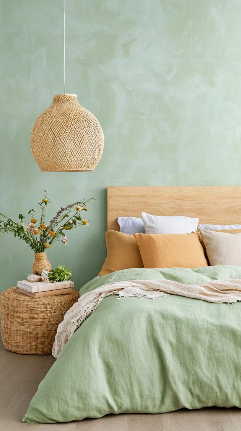 25 einzigartige Salbei grüne Boho Schlafzimmer Ideen für 2025 59 19. Strukturierte Wände: Erstellen Sie Tiefe mit einem weisen grünen Ombre oder Stuckwand Finish-0