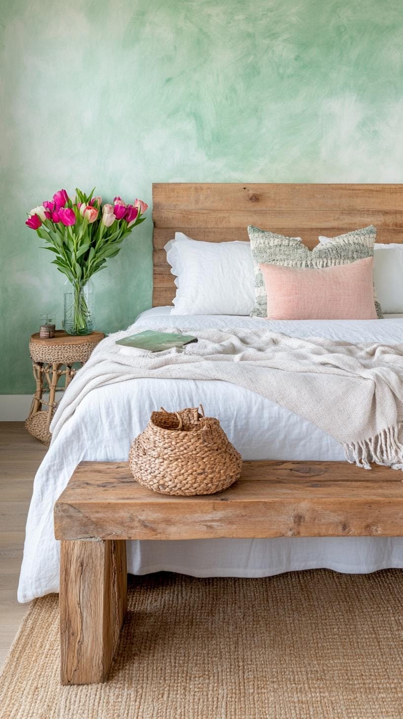 25 einzigartige Salbei grüne Boho Schlafzimmer Ideen für 2025 60 19. Strukturierte Wände: Erstellen Sie Tiefe mit einem weisen grünen Ombre oder Stuckwand Finish-1