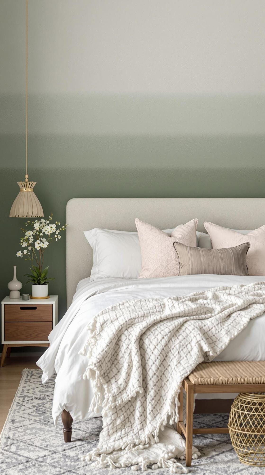 25 einzigartige Salbei grüne Boho Schlafzimmer Ideen für 2025 61 19. Strukturierte Wände: Erstellen Sie Tiefe mit einem weisen grünen Ombre oder Stuckwand Finish-2