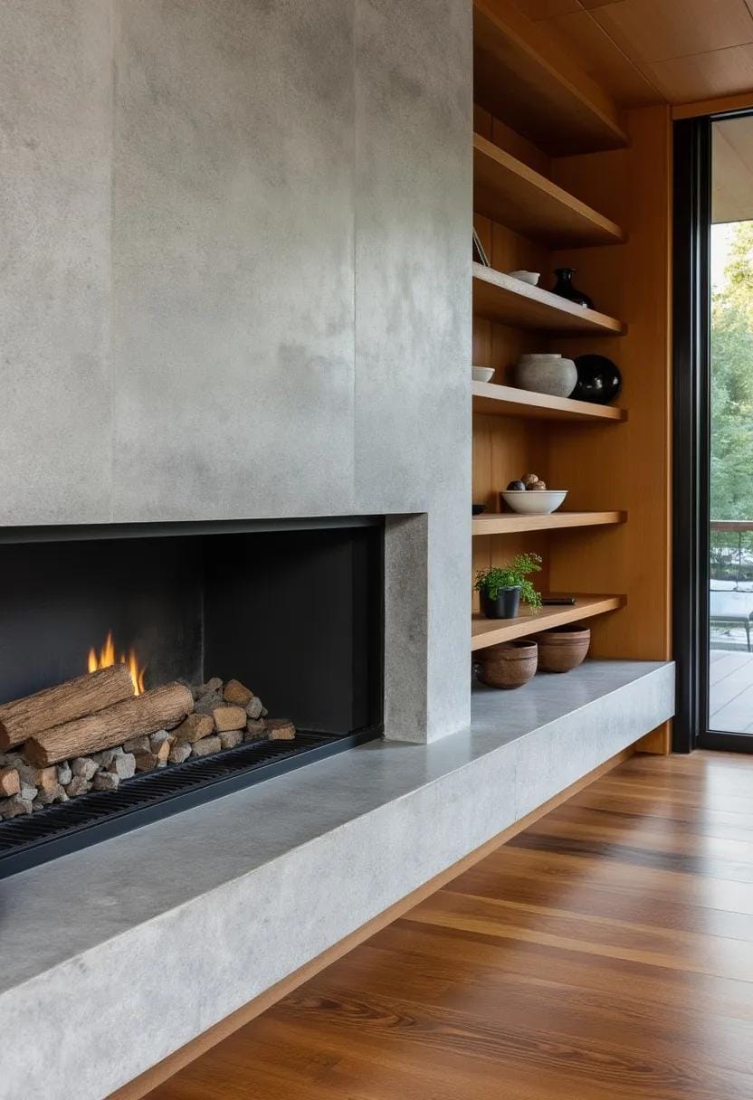20 breathtaking middle of the century of modern fireplace-Makeover ideas 48 19. Structured concrete fireplace with floating wood shelves 0