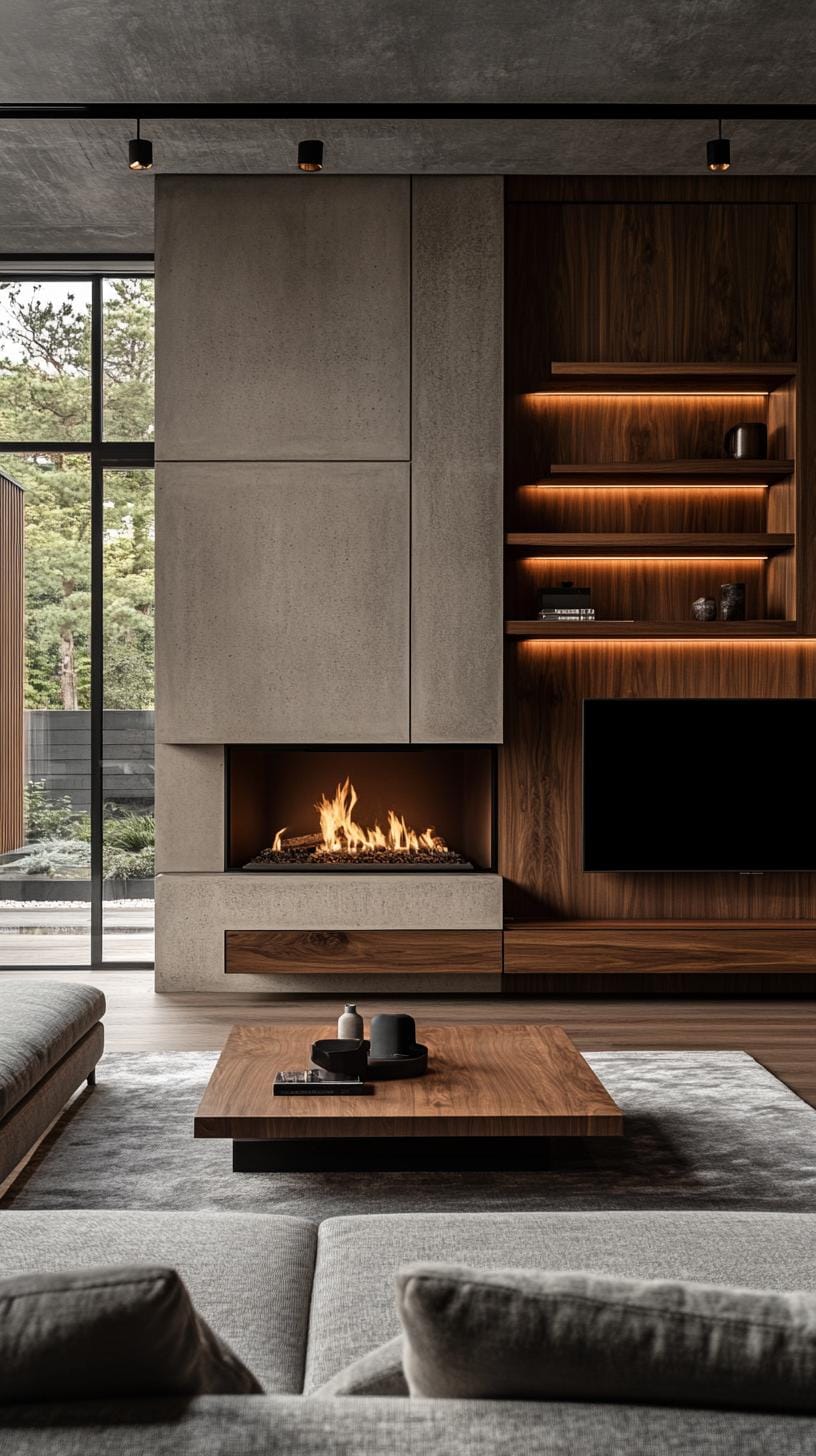 20 breathtaking middle of the century of modern fireplace-Makeover ideas 49 19. Structured concrete fireplace with floating wood shelves-1