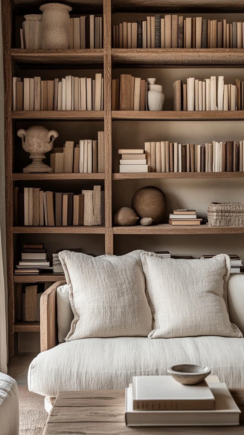 21 Cozy organic modern living room ideas for copying 63 21. Level wooden bookshelves with books and neutral decor-0