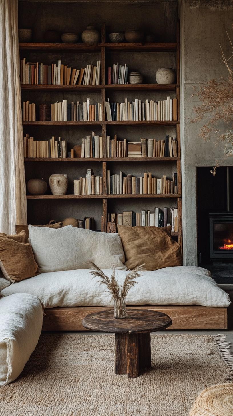 21 Cozy organic modern living room ideas for copying 64 21. Graded wooden bookshelves with books and neutral decor-1
