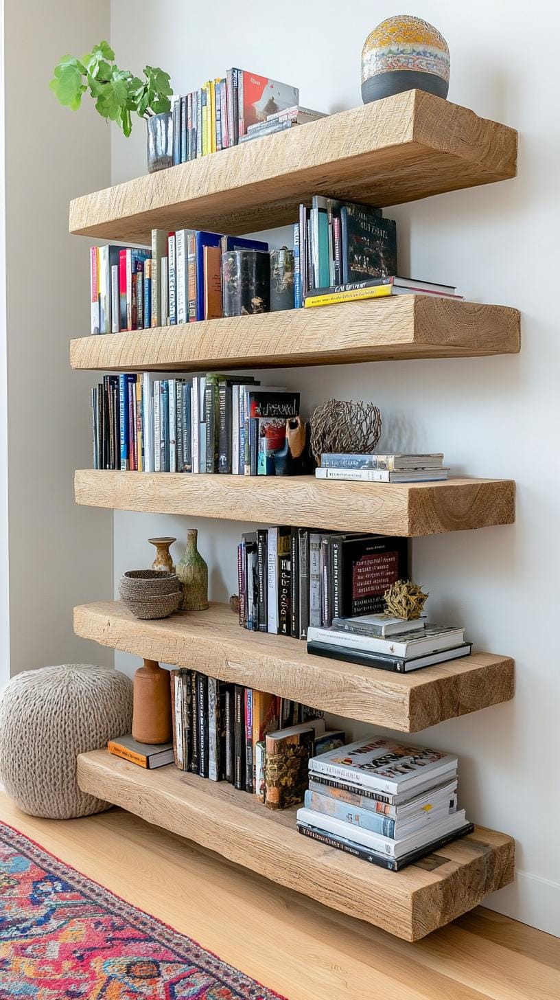 21 Cozy organic modern living room ideas for copying 65 21. Graded wooden bookshelves with books and neutral decor