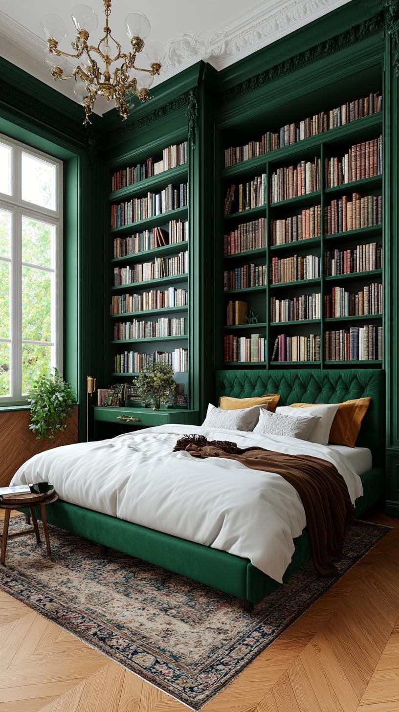 20 moody green bedroom ideas for a cozy retreat 57 18. Timeless library: Integrate Forest Green bookshelf shelves and decorative elements for a scientific atmospheric 0