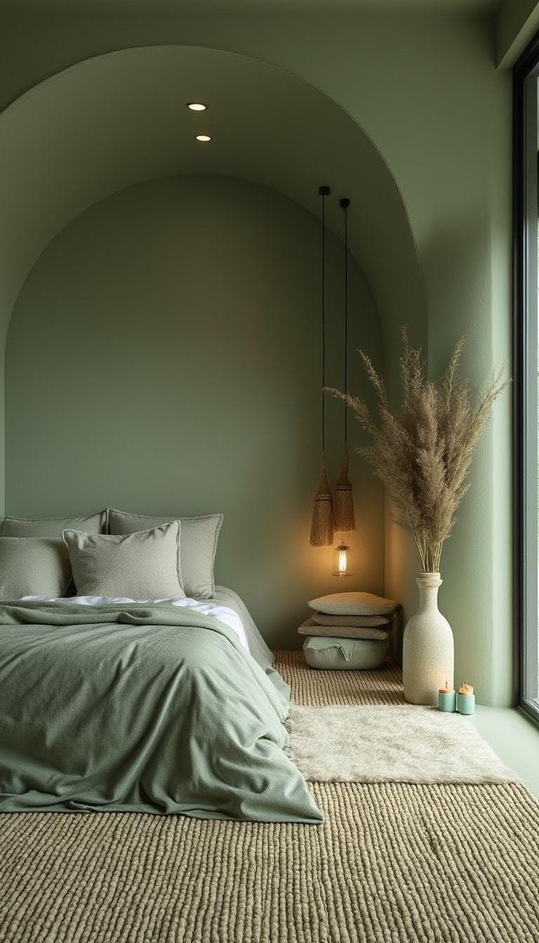 25 Trendy Sage Green Schlafzimmer Ideen für 2025 45 14. Tranquil Zen Meditation Nook in einem Schlafzimmer mit Salbeigrün-Thema