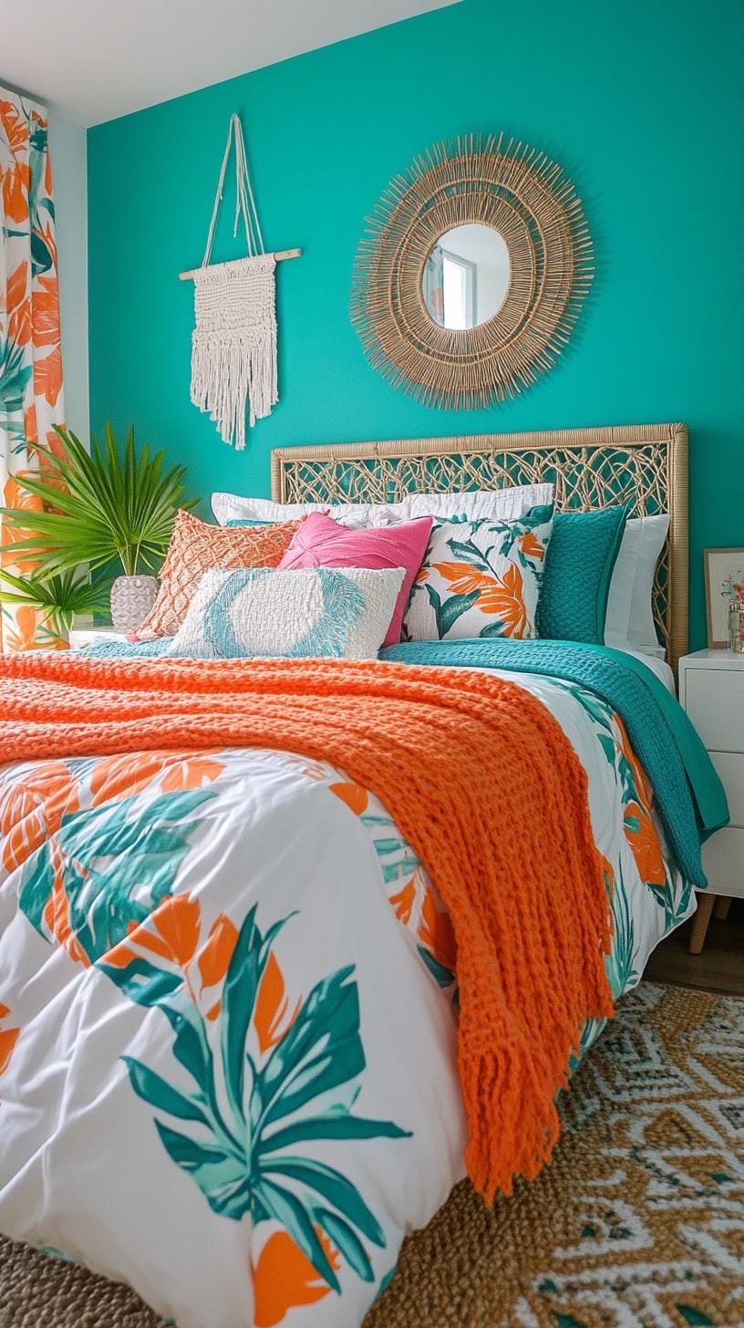 21 colorful boho bedroom ideas for a bizarre hippie vibe 9 3 .. Tropical Oasis Retreat: Use lively orange and blue-green with tropical leaf patterns and macramé-touches-0