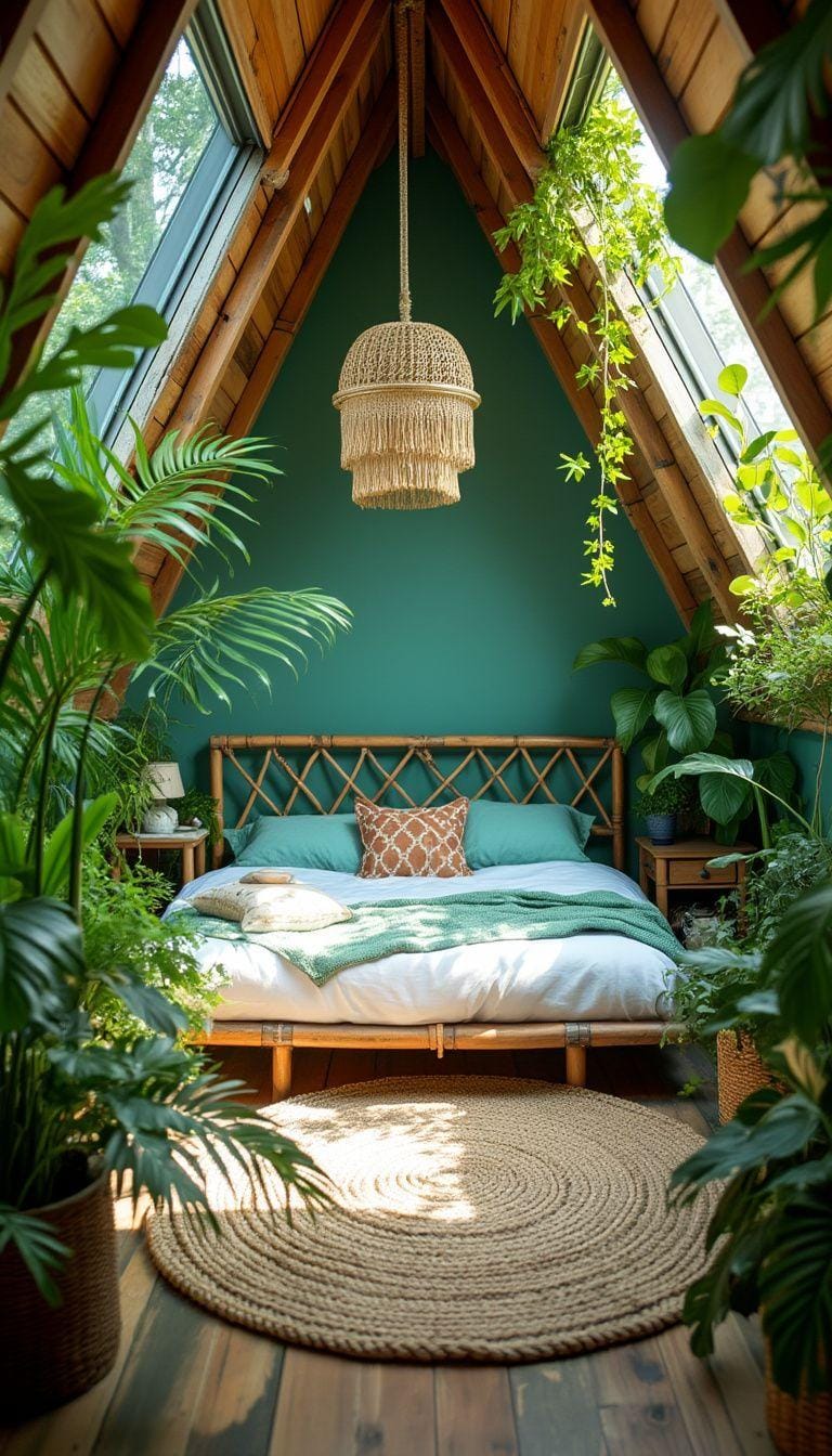 20 super cozy small roof tree bedroom ideas to explore today 21 21 21 7. Tropical oasis with light green plants, bamboo furniture and sea foam walls-0
