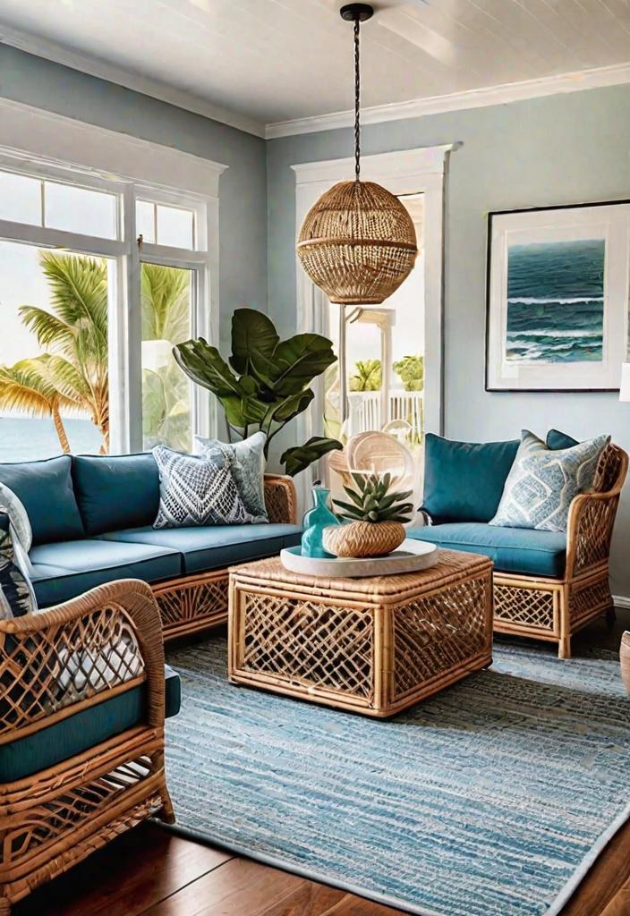 43 Inspiring Coastal Living Room Ideas 25 23. Tropical Rattan Accent Furniture-0