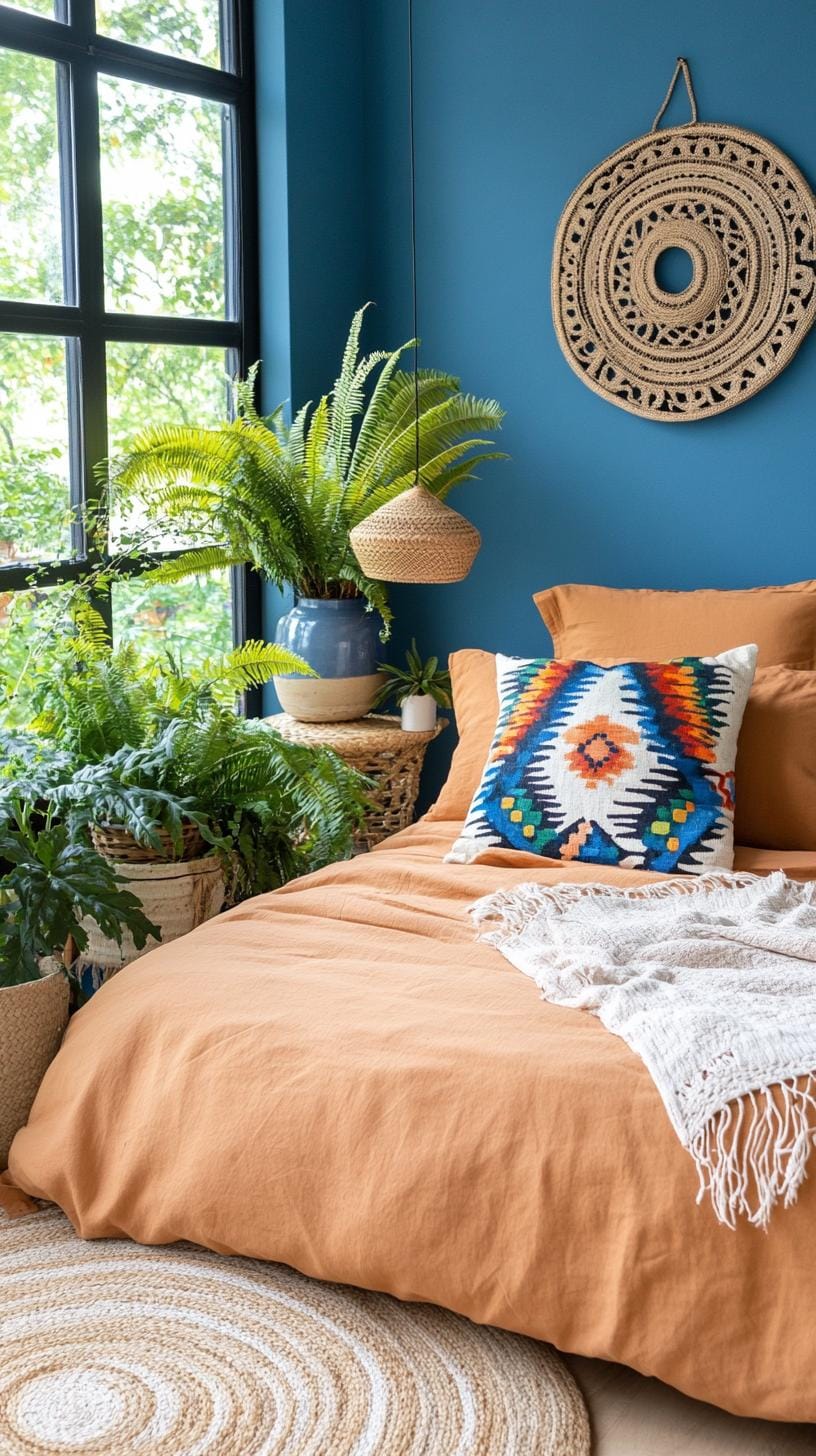 21 Best Blue Boho bedroom ideas to inspire you 31 9. Twilight tones: play with dim blue walls, handmade ceramic accents and many fern plants-1