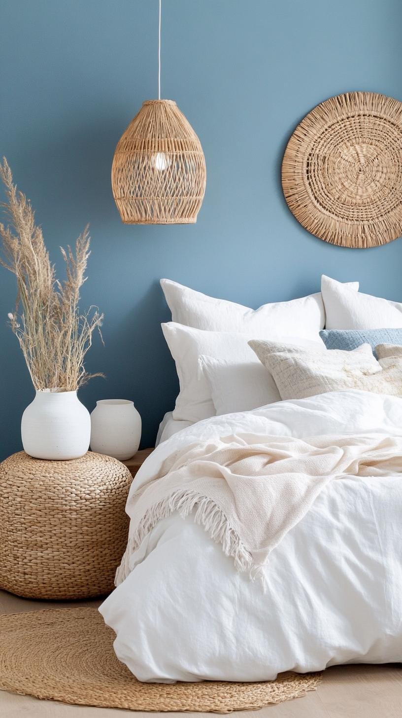 21 Best Blue Boho bedroom ideas to inspire you 32 9. Twilight tones: play with dim blue walls, handmade ceramic accents and many fern plants-2