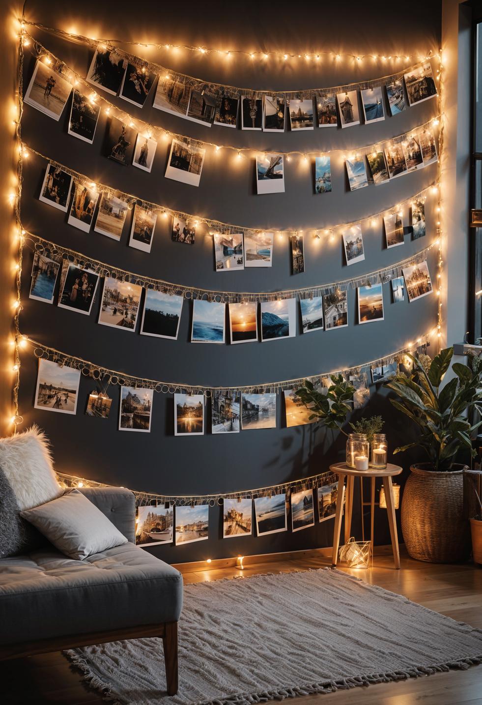 45 Chic & Modern Boho Living Room Ideas To Copy 82 39. Twinkling Fairy Light Photo Montage-0
