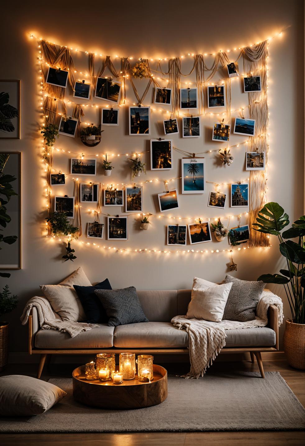 45 Chic & Modern Boho Living Room Ideas To Copy 83 39. Twinkling Fairy Light Photo Montage-1