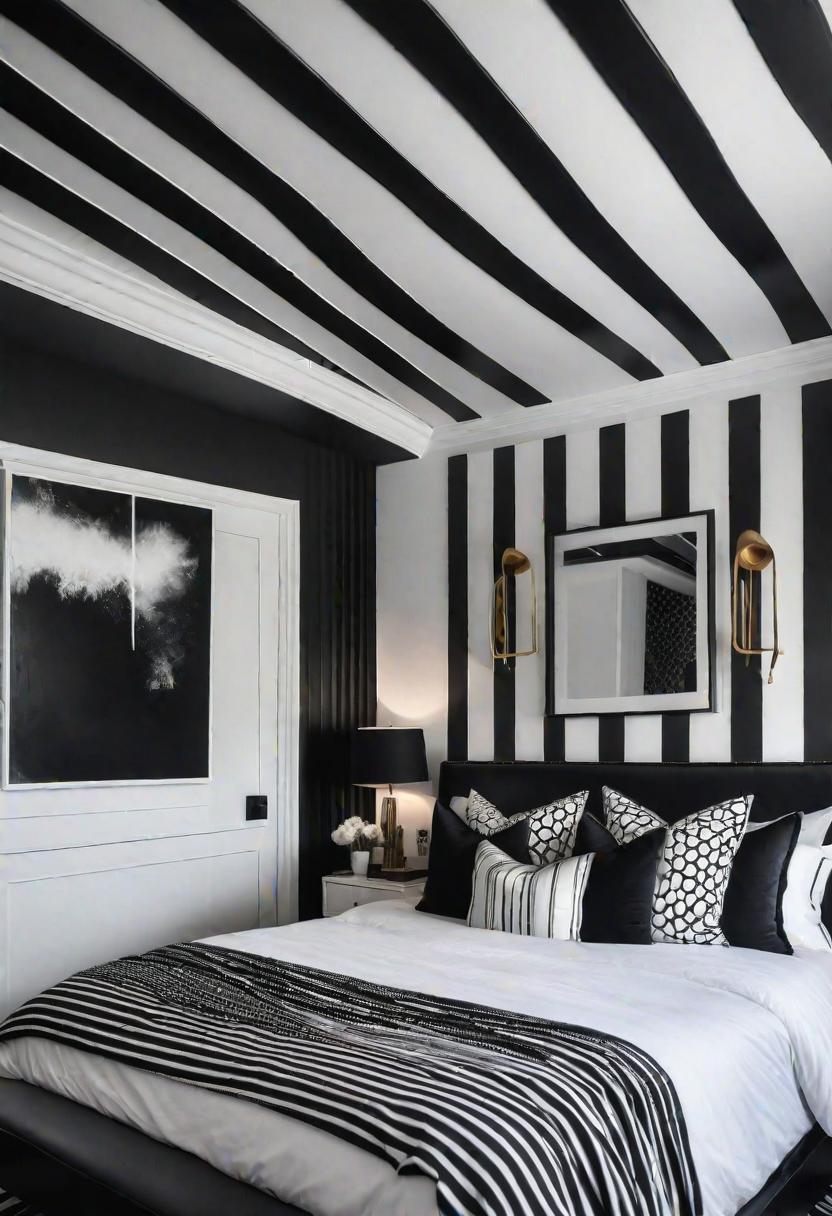 45 Black and White Bedroom Ideas for Timeless Elegance 31 29. Unexpected Striped Ceiling-0