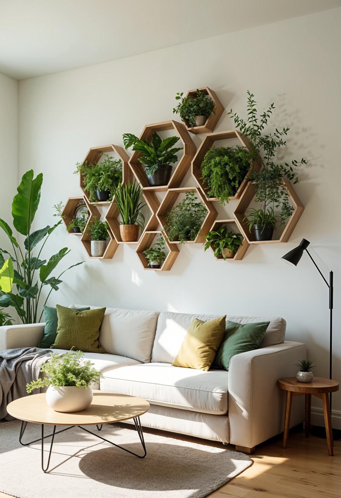 20 breathtaking living room wall decoration ideas 11 3. Unique wall decoration with hexagonal shelf-1