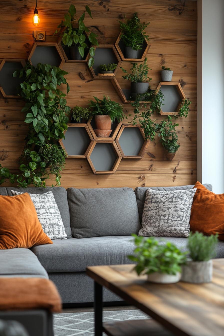 20 breathtaking living room wall decor ideas 12 3. Unique wall decoration with hexagonal shelf-2