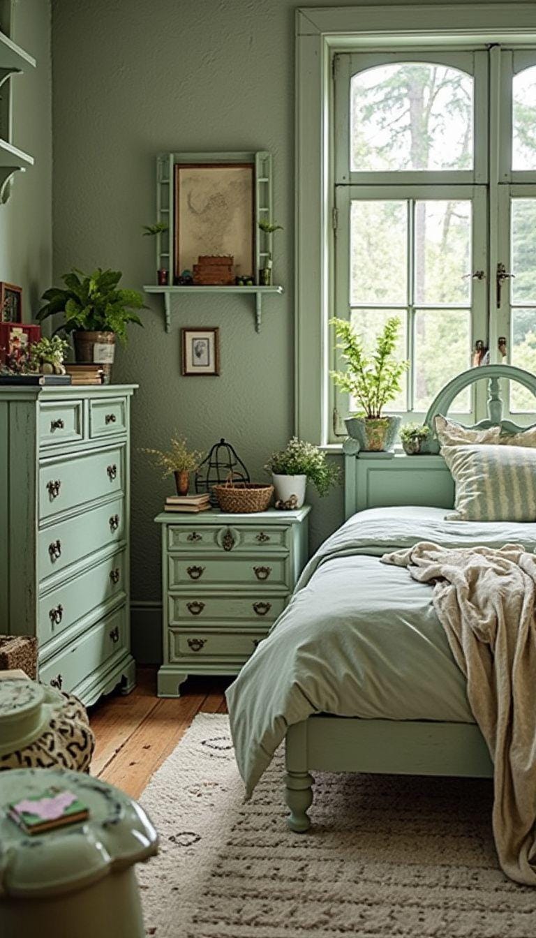 25 einzigartige Salbei grüne Boho Schlafzimmer Ideen für 2025 68 22. Upcycled Charm: Neumagine alte Möbel in balzierte Stücke für einen personalisierten Touch-0 neu.